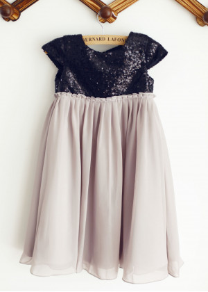Black Sequin Gray Chiffon Bohemian Flower Girl Dress